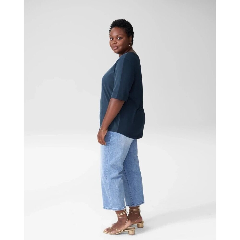 Universal Standard Womens Arvo Cupro Mix Tee Sz XS 10 12 Navy Blue Shirt Top - Picture 2 of 6